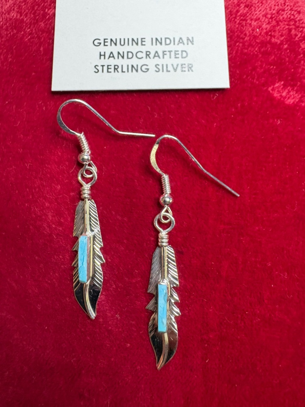 Earrings Handcrafted Native American Sterling Silver Feather Turquoise Dangle